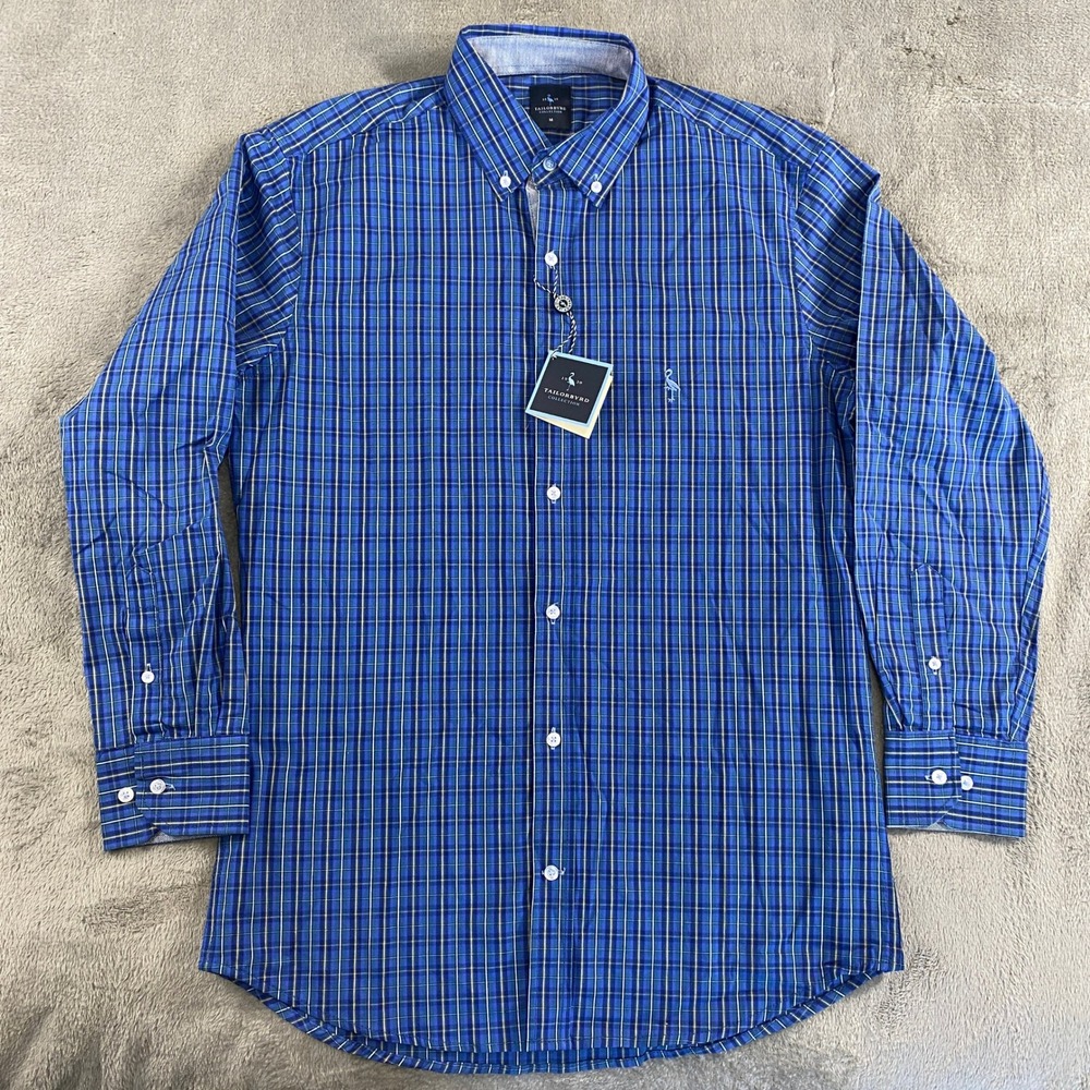 Tailorbyrd Button Down Shirt Mens M Blue Plaid Long Sleeve Stretch Preppy Office